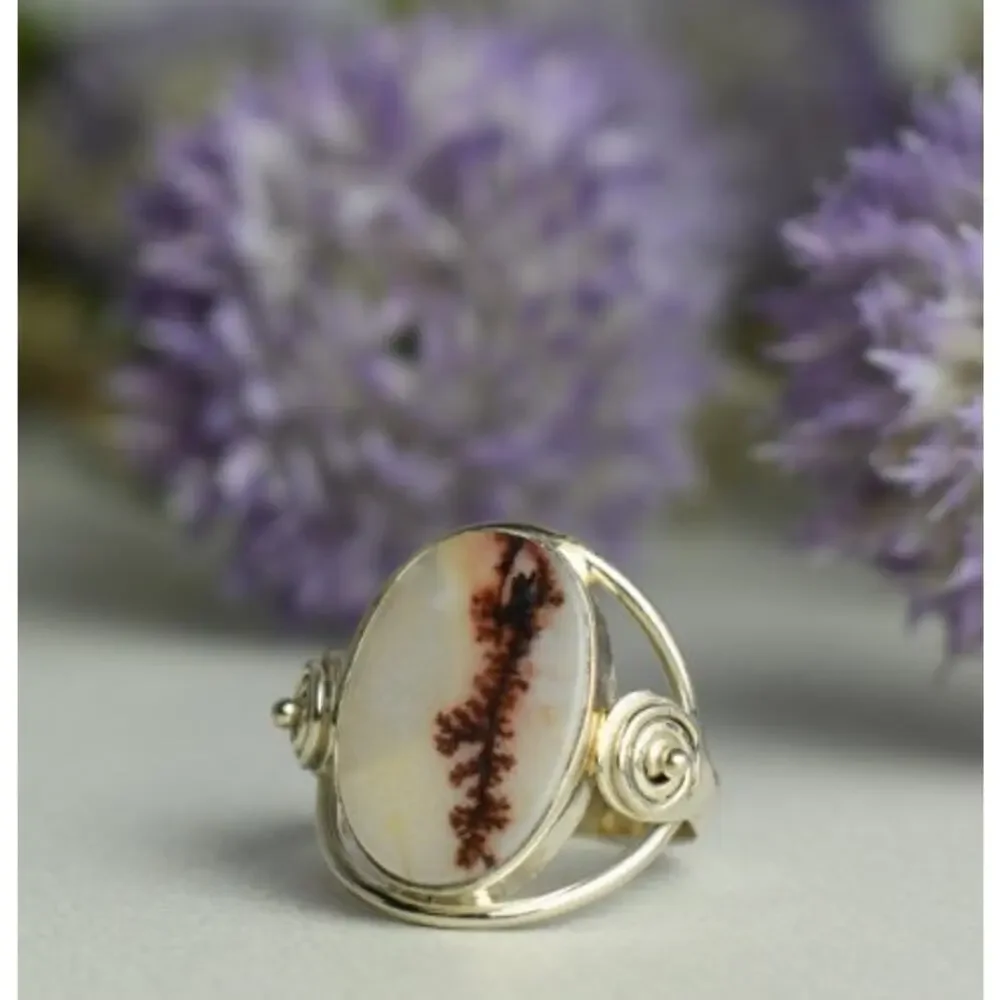 Vintage 925 Sterling Silver Moss Agate Ring Size 8